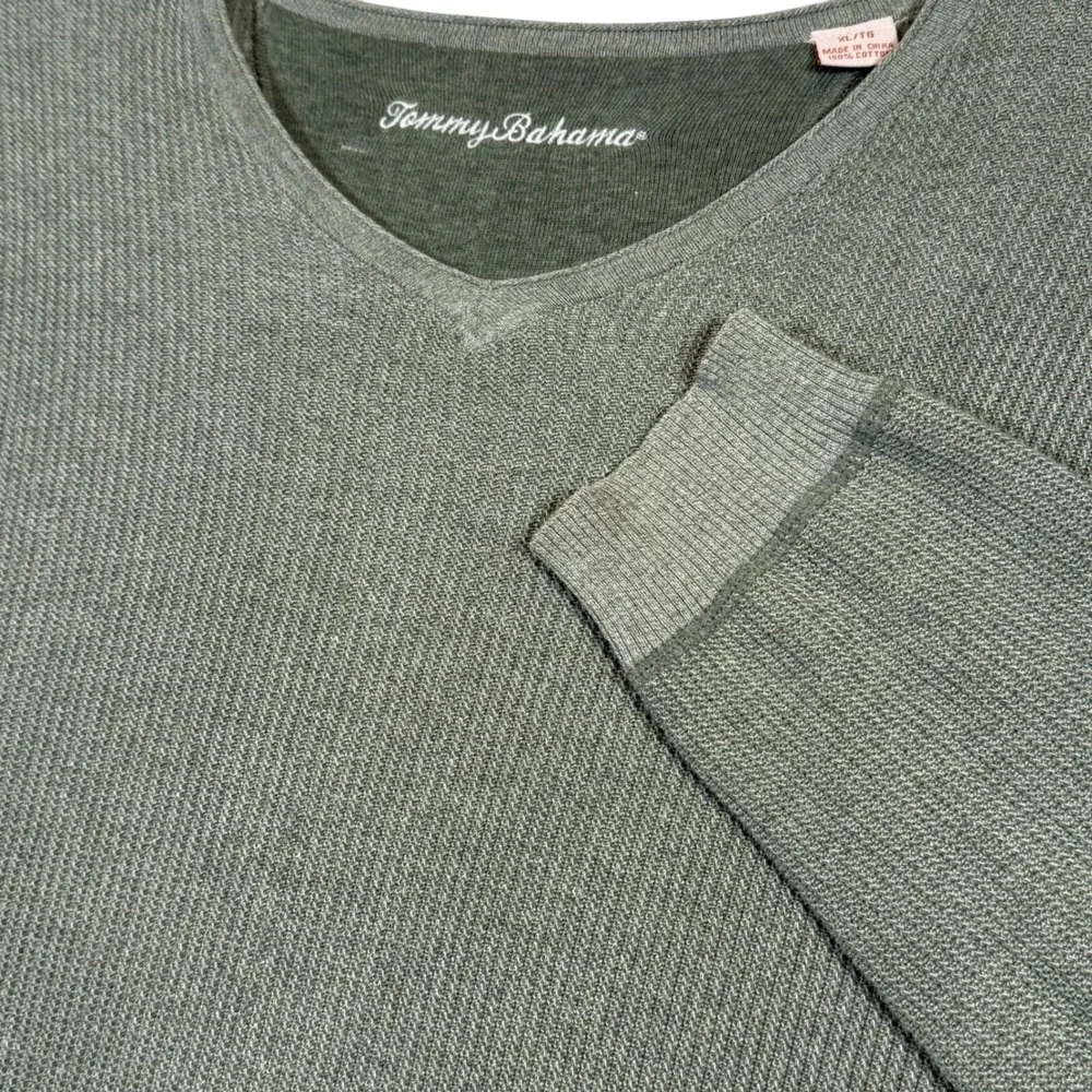 Tommy Bahama Mens Olive Green V-Neck Cotton‎ Knit Ribbed Pullover Sweater